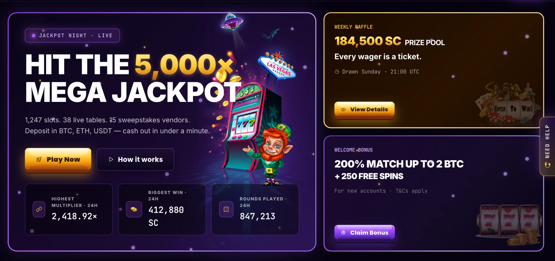 Jackpot night hero with weekly raffle and welcome bonus panels